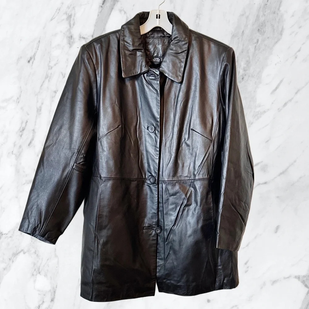 Women’s 100% Leather Black A Line 3/4 Jacket Button Front